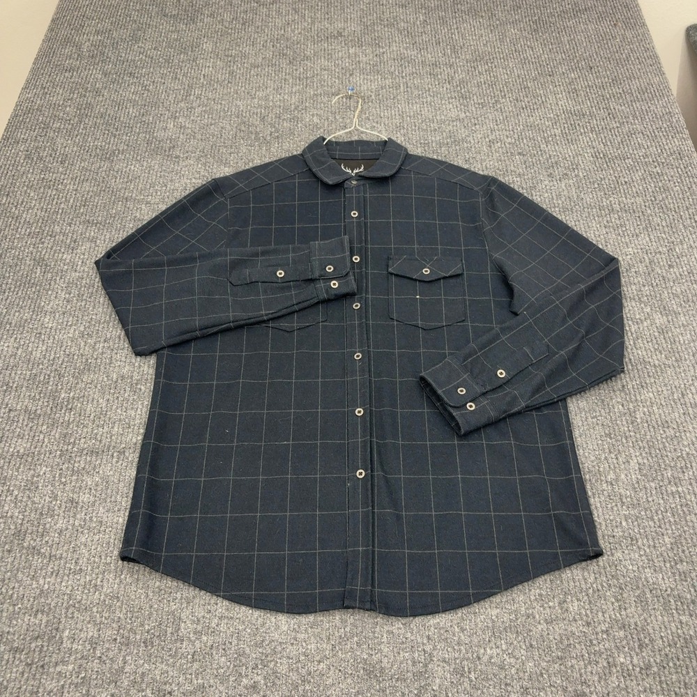 Age of Wisdom Button Down Shirt Mens L Navy Blue Polyester Rayon‎ Plaid Casual